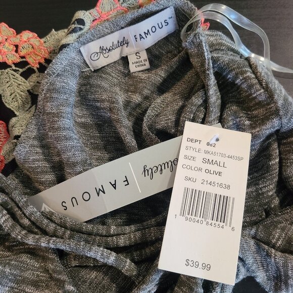 Absolutely Famous Lace Inset Olive Gray Long Sleeve Shirt Top Small NWT - Picture 8 of 10